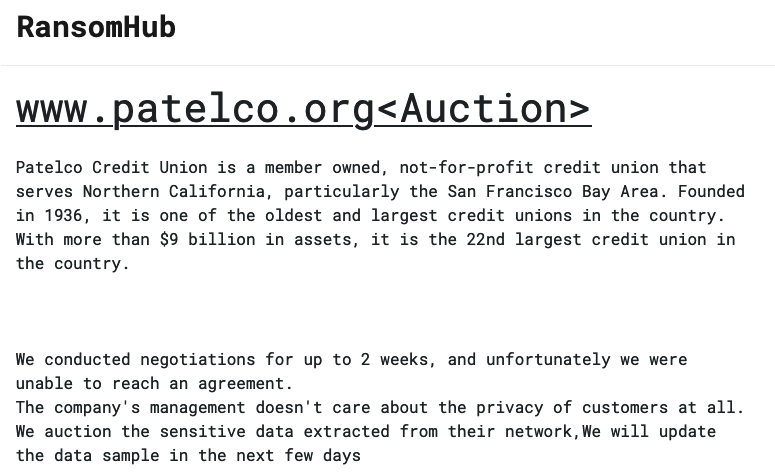 Patelco Credit Union Says Breach Impacts 726k After Ransomware Gang Auctions Data